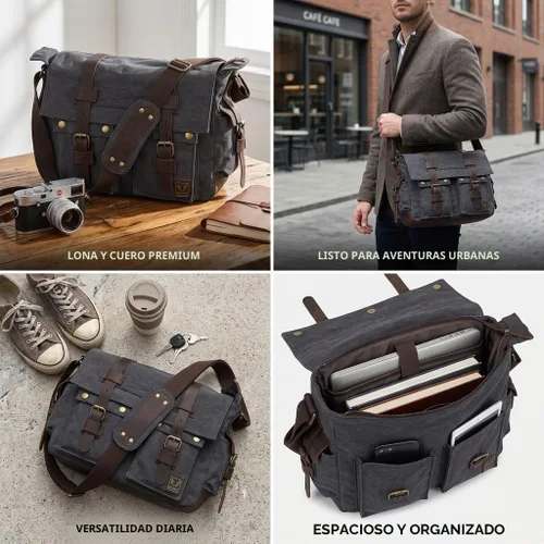 Vista 6 de morral de cuero y lona para computadora portátil + morral de lona para cámara Dslr Slr, Verde ejército), 3323830