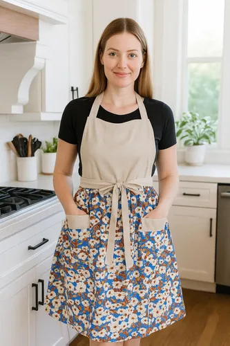 Vista 3 de Bonitos delantales florales para mujer con bolsillos, delantal de algodón ajustable con correa para el cuello para cocina, cocina, hornear