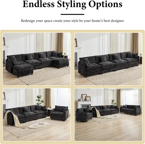 Vista 24 de Sofá seccional modular verde de 111.5", sofás seccionales grandes de 3 plazas para sala de estar, sofá nube oversized de tela chenille con otomana