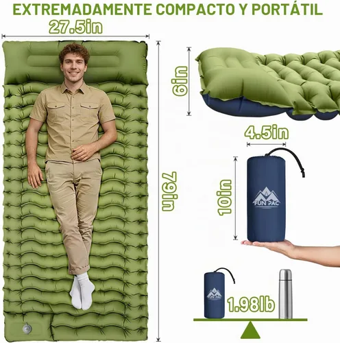 Vista 2 de FUN PAC Colchoneta de dormir para camping, ultraligera con almohada, bomba de pie integrada, almohadillas inflables compactas para acampar, Verde