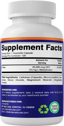 Vista 9 de Vitamatic Folato de metilo 15mg – 120 cápsulas vegetales optimizadas y activadas de alta potencia – Folato metabólicamente activo