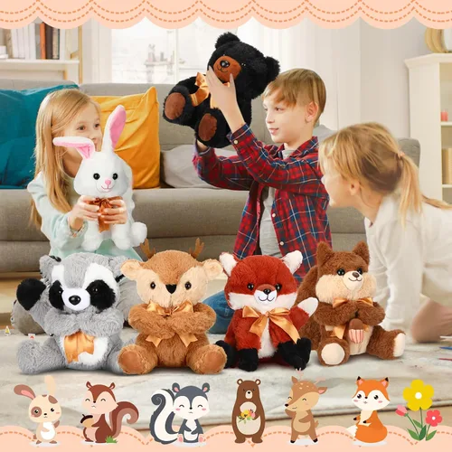 Vista 5 de Syhood 6 piezas de animales de peluche grandes del bosque de 11.8 pulgadas, oso de peluche, ciervo, zorro, ardilla, conejo, mapache, juguete