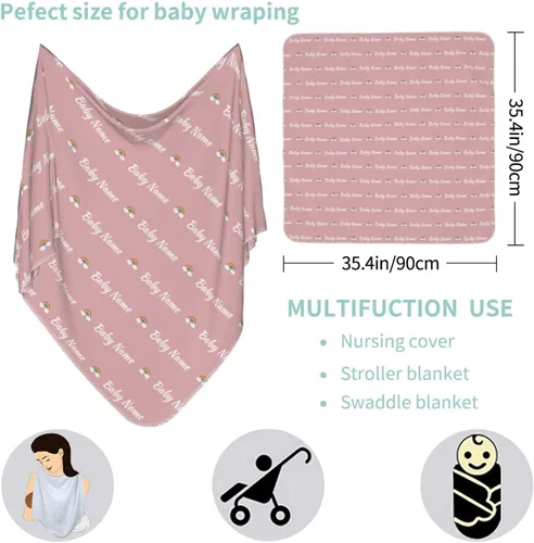 Vista 3 de Manta de envolver personalizada para niña y niño, juego de manta y gorro con diadema de lazo con nombre, artículos personalizados para bebés, regalos