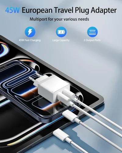 Vista 8 de adaptador europeo del enchufe del viaje 45W, cargador rápido del USB C del convertidor de corriente de 2 puertos Accessories for Europe trips, For