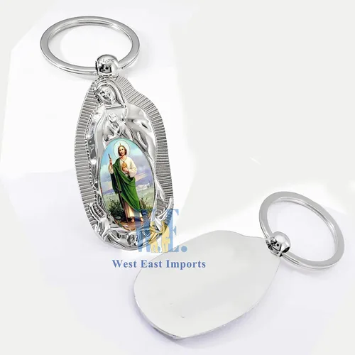 Vista 7 de 12 piezas de anillo de metal de San Judas Keychian favores de bautismo para niños y niñas Recuerdos de Bautizo San Judas (Wht)