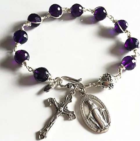 Vista 2 de Eleganantmedical Hecho a mano natural 10MM amatista cristal Bali cuentas de plata de ley Cruz rosario católico pulsera regalo caja