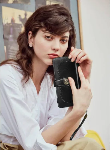Vista 2 de Cartera de cuero para mujer, de gran capacidad, bolso de mano con bloqueo RFID, tarjetero con ventana de identificación, Negro