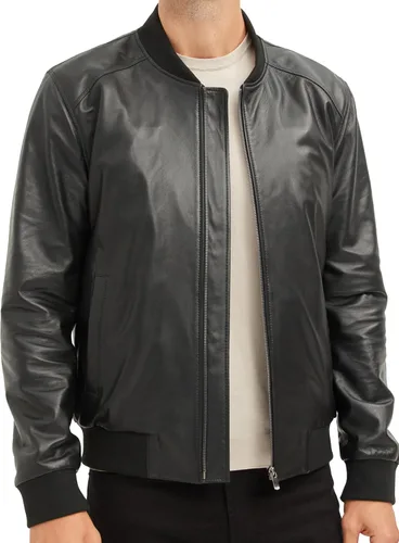 Vista 6 de Chaqueta Bomber de piel de cordero genuina para hombre - Negro