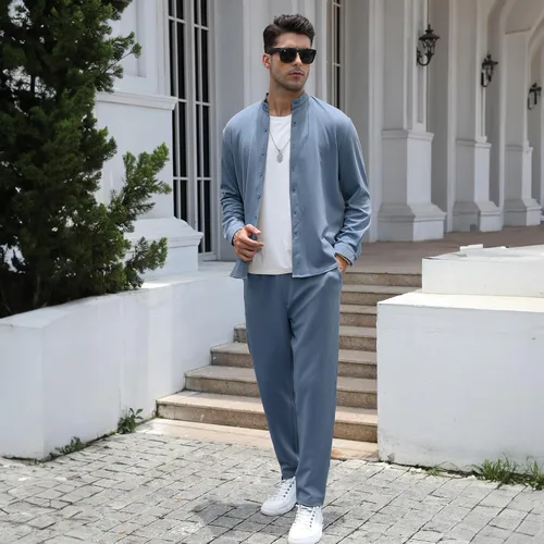 Vista 4 de FZNHQL Conjunto de 2 piezas para hombre, de moda, informal, de manga larga, con botones, camisa y pantalón para hombre