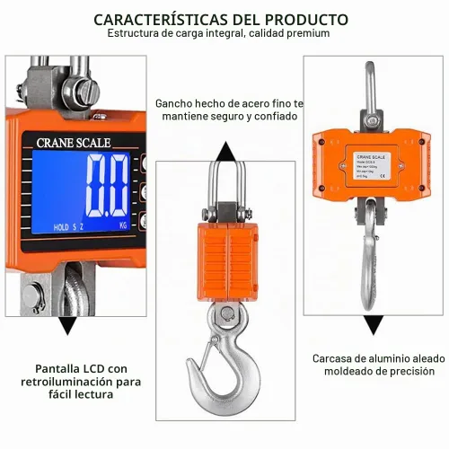 Vista 6 de Báscula digital de grúa, báscula colgante resistente 2200lb/1000Kg, Backlight LCD Screen, Unit Change/Data Hold/Tare/Zero for
