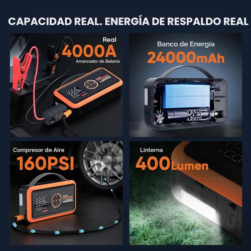 Vista 2 de Arrancador de salto de 24000mAh 4000A con compresor de aire, carga rápida Caja de salto y banco de energía de 88.8 Wh, inflador de parada automática