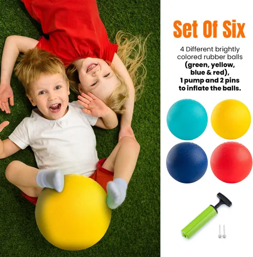 Vista 7 de New Bounce Pelotas de juegos para niños, juego de 4 pelotas de goma para rebotar más bomba y 2 pines, tamaño reglamentario para dodgeball y más
