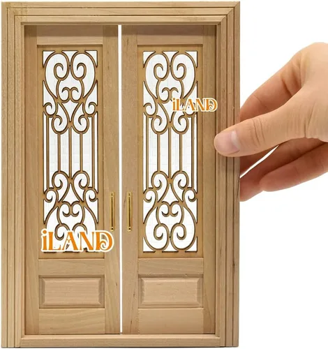 Vista 9 de Puerta de casa de muñecas iLAND a escala 1:12, accesorios de casa de muñecas de puerta en miniatura con patrón tallado y paneles de celosía 3D que