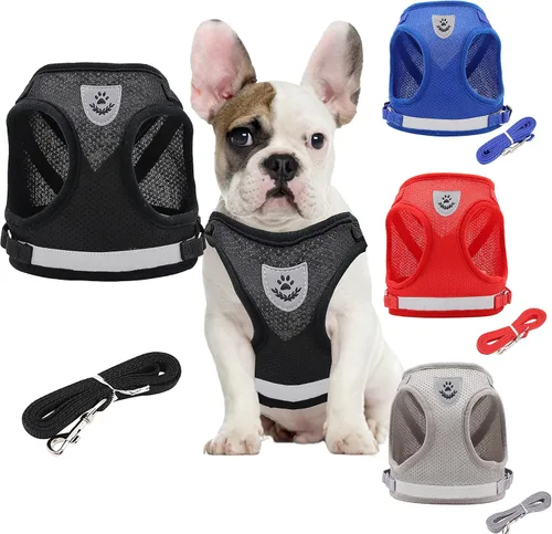 Vista 2 de Juego de arnés y correa para perro, chaleco reflectante ajustable de malla suave transpirable para mascotas, juego de arneses acolchados