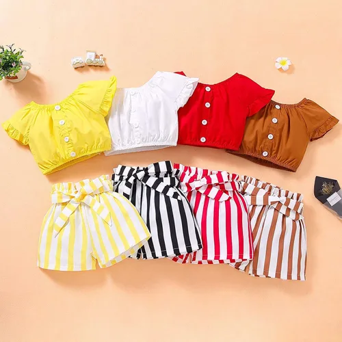 Vista 7 de Conjunto de faldas de piña para niños pequeños y niñas con hombros descubiertos de frutas + tutú con volantes faldas, vestido de verano