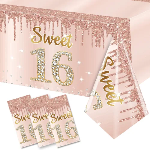 Vista 17 de Pack de 3 manteles de cumpleaños número 70 para mujer, rosado y dorado, mantel de plástico desechable rectangular para fiesta de cumpleaños número