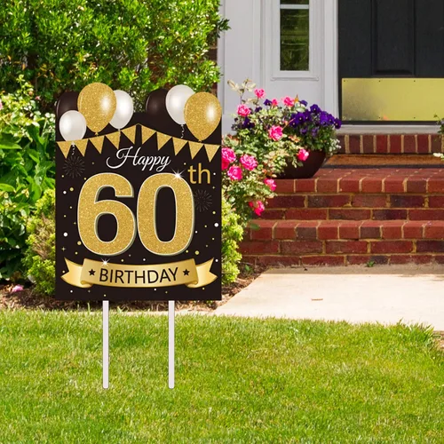 Vista 14 de Letrero grande de patio para fiesta de feliz cumpleaños número 13, negro dorado, letreros de patio de cumpleaños 13 con estacas y decoraciones