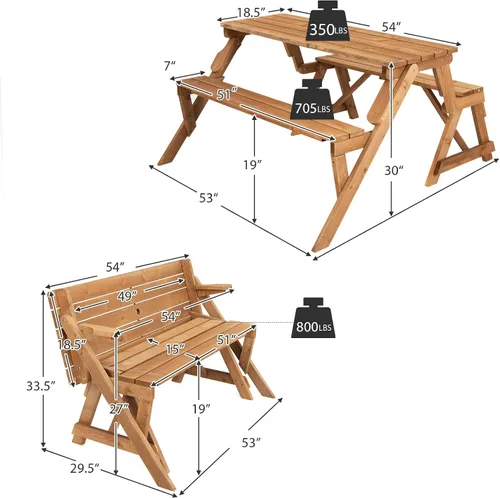 Vista 5 de GYMAX Mesa de picnic, juego de mesa de picnic convertible 2 en 1, mesa de picnic de madera intercambiable transformable con agujero para paraguas