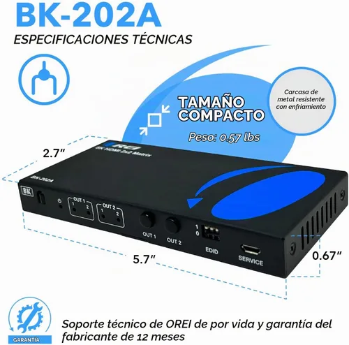 Vista 5 de OREI Interruptor de matriz HDMI 2x2 – 8K HDMI 2.1, EDID, IR, VRR, FVA, ALLM