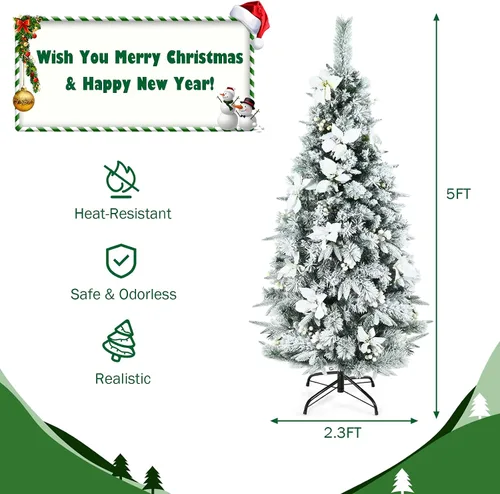 Vista 2 de COSTWAY Árbol de Navidad artificial flocado de nieve de 5 pies, árbol falso de Navidad con 339 puntas de rama, 228 bayas blancas y flores de pascua