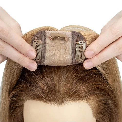 Vista 8 de S-noilite Toppers para el cabello humano real para mujer, sin flequillo, 14 pulgadas, #27 rubio oscuro, base de seda, clip en la parte superior