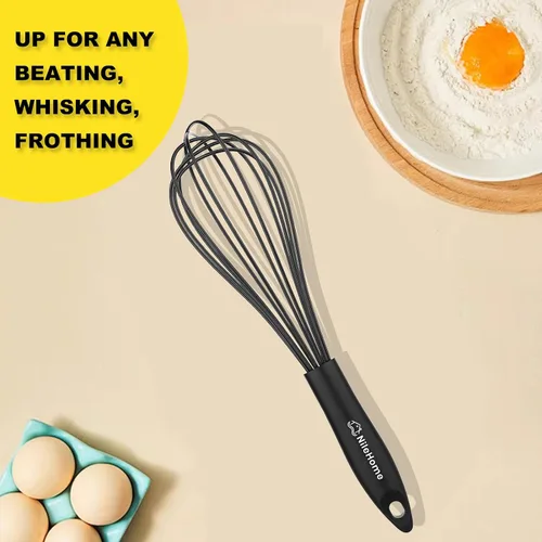 Vista 7 de NileHome Batidor de silicona de 10 pulgadas, batidor de cocina Wisk Wire para cocinar, batir, mezclar, batir, agitar, color negro