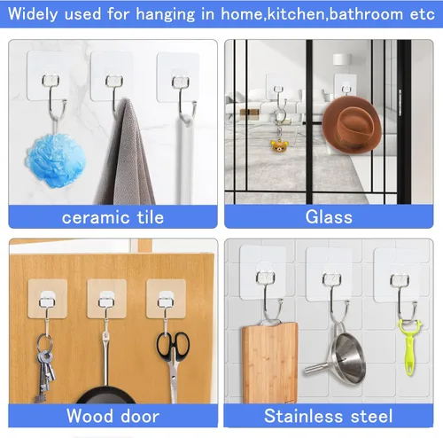 Vista 4 de Paquete de 10 ganchos de pared grandes para colgar resistentes de 33 libras (máximo), ganchos de pared adhesivos transparentes impermeables sin
