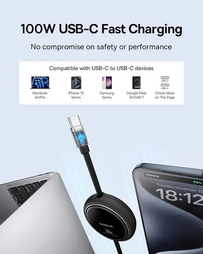 Vista 2 de Baseus Cable USB C a USB C, cable de carga rápida retráctil USB C 5A de 100 W, cable de carga rápida USB tipo C de 4 etapas de longitud