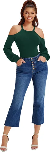 Vista 5 de HERLOLLYCHIPS Camisas acanaladas ajustadas de manga larga abombada para mujer