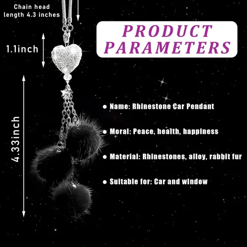 Vista 2 de Dickno Adorno Colgante Brillante para Coche, Divertido Pendiente de Corazón de Amor y Bola de Peluche Rosa para Espejo Retrovisor para Mujeres