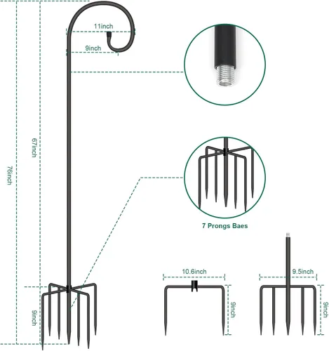 Vista 5 de Gancho de pastor ajustable para exteriores de 76 pulgadas con base de 7 puntas, 5/8 pulgadas de grosor resistente para colgar comedero de pájaros