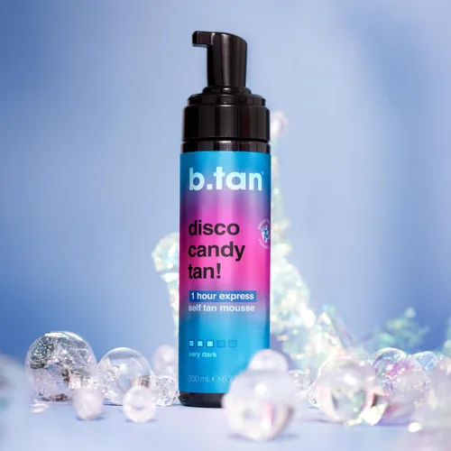 Vista 7 de b.tan Dark Self Tanner Mousse Disco Candy Tan - Mejor espuma bronceadora sin sol exprés de 1 hora, perfumada a caramelo, a prueba de sudor