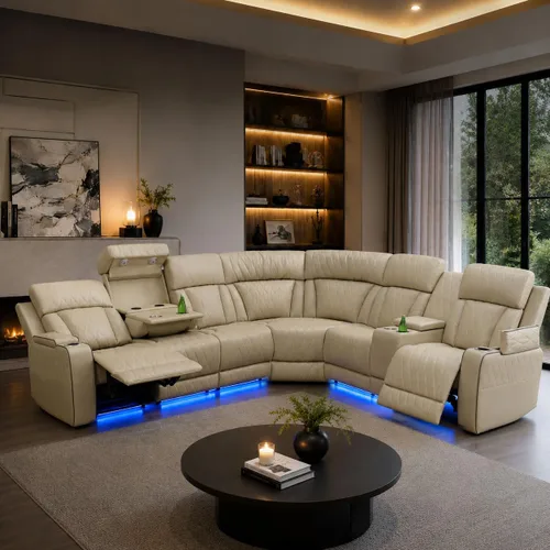 Vista 13 de Sofá modular reclinable eléctrico para sala de estar, moderno juego de sofá modular de cuero en forma de L, juego de sofá reclinable, con luces LED