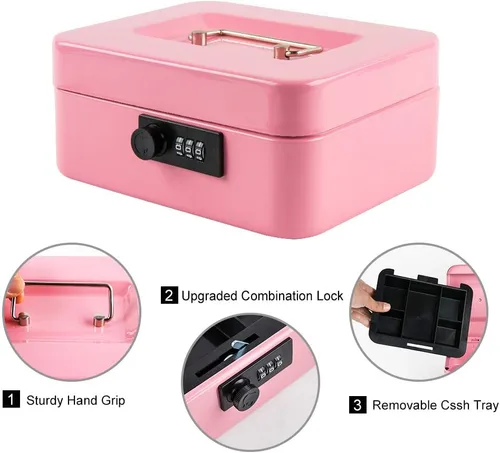 Vista 8 de KYODOLED Caja de dinero con cerradura con cerradura, caja de dinero con bandeja para efectivo, caja fuerte con cerradura con llave, organizador
