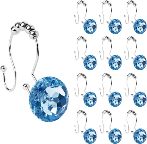 Vista 28 de Sunlit Diseño de Lujo Redondo Aqua Azul Diamante Cristal Gema Bling con Bolas Deslizantes Ganchos para Cortina de Ducha, Anillos para Cortina