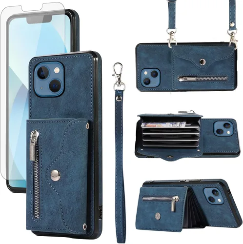 Vista 9 de Funda para iPhone 13 de 6.1 pulgadas con protector de pantalla de vidrio templado, correa cruzada para muñeca, soporte para tarjeta de crédito