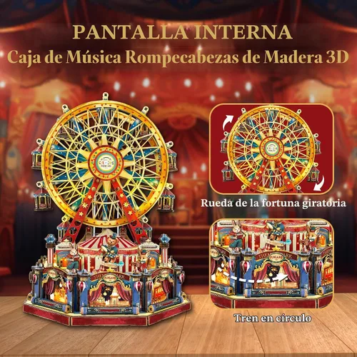 Vista 4 de Rompecabezas de madera 3D de bricolaje con rueda de ferrita, kit de casa de muñecas de bricolaje, modelo de construcción de circo