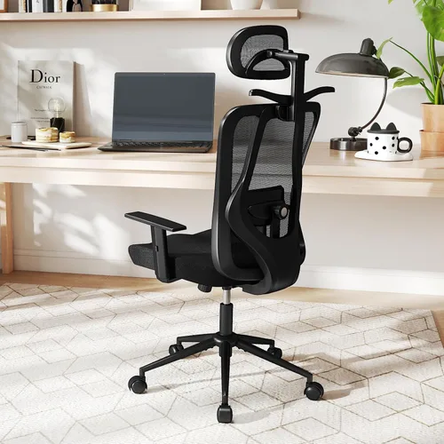 Vista 2 de COSTWAY Silla de oficina de malla, sillas ergonómicas de escritorio para computadora con reposacabezas 3D, reposabrazos ajustables y soporte lumbar
