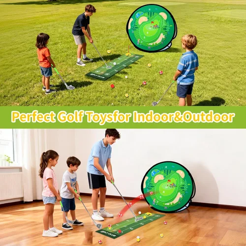 Vista 2 de AOSITE Juego de golf para niños pequeños, juego de golf 5 en 1 para niños con 3 palos de golf, tapete de puting, red de astillado de 4 lados