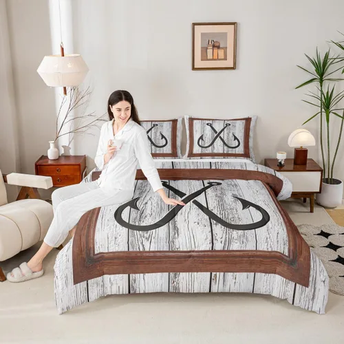 Vista 15 de Juego de edredón Lake Home Camper tamaño King, juego de ropa de cama náutica con ancla para niños, niñas, niños, adultos, decoración de dormitorio