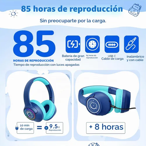Vista 2 de Auriculares Bluetooth para niños con tiempo de reproducción de 85 horas Azul marino