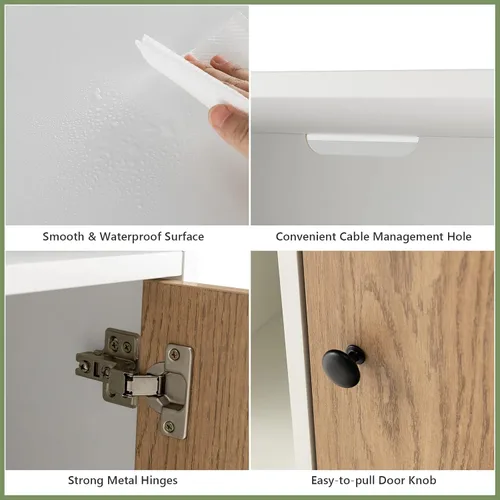 Vista 10 de Tangkula Juego de 2 mesitas de noche, mesa auxiliar de madera para sofá con puerta de bambú y compartimentos abiertos, mesa de noche multifuncional