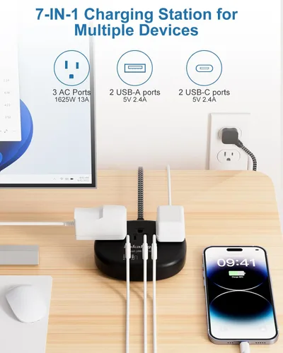 Vista 4 de Cable de extensión negro de 10 pies, cable de extensión de 1625 W, 3 clavijas con 3 salidas de CA, 4 USB (24 W/4.8 A), estación de carga de cabecera