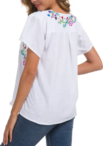 Vista 6 de YZXDORWJ - Blusa mexicana bordada para mujer - Camisa de verano manga corta