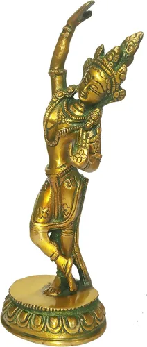 Vista 2 de Purpledip Latón Ídolo Reina Maya de Sakya, Madre de Gautam Buda: Estatua Vintage Acabado Oro (12155)