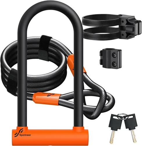 Vista 10 de Sportneer Candado para bicicleta: Candado en U resistente para bicicleta con cable de acero de seguridad de 1,8 m - grillete de 18 mm para bicicleta