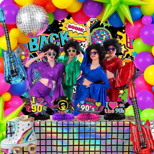 Vista 7 de Las decoraciones para fiestas de cumpleaños de los años 90 incluyen telón de fondo, centros de mesa de panal, pancarta, espirales colgantes, globos