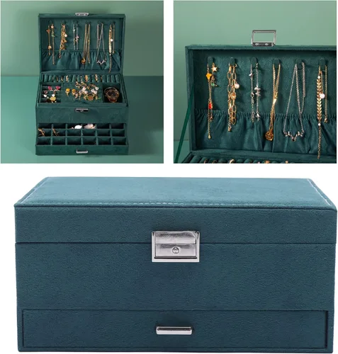 Vista 6 de Joyero con cerradura para mujer franela verde 3 capas organizador de joyas relojes collar anillo caja de almacenamiento