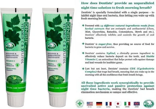 Vista 3 de Dentiste 2x160 G. Pasta de dientes de goma blanca con vitamina C y xitol fabricada en Tailandia