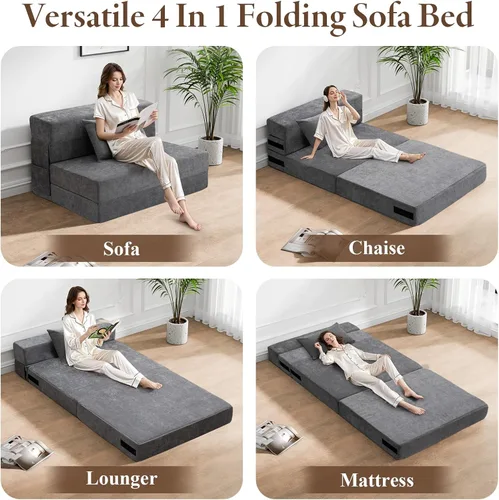 Vista 4 de HOMFINE Sofá cama plegable - Silla cama convertible con cojín, sofá desplegable, colchón de espuma viscoelástica para piso, sofá futón, sofá